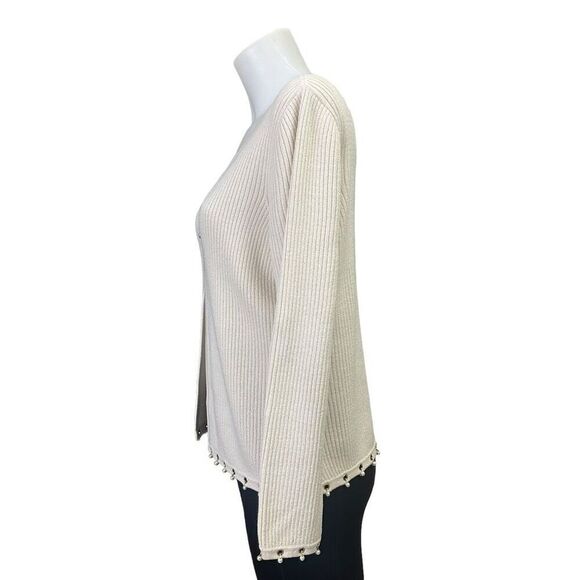 St. John Sport Ribbed Knit Wool Blend Cardigan with Faux Pearl Trims sz Small - Picture 3 of 10